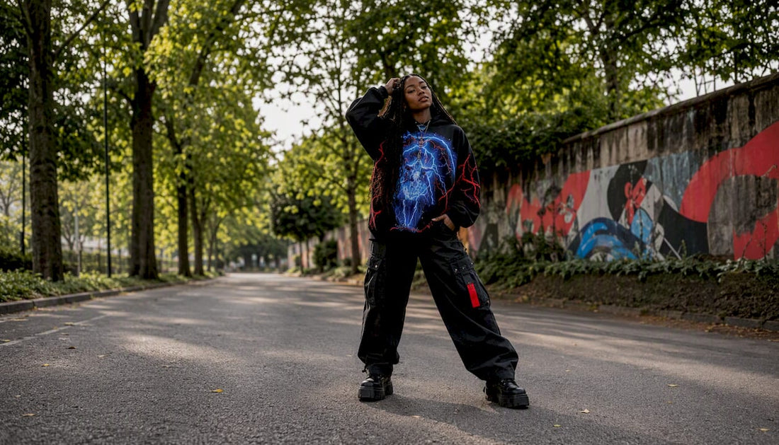 Model showcasing Y2K streetwear style outdoors