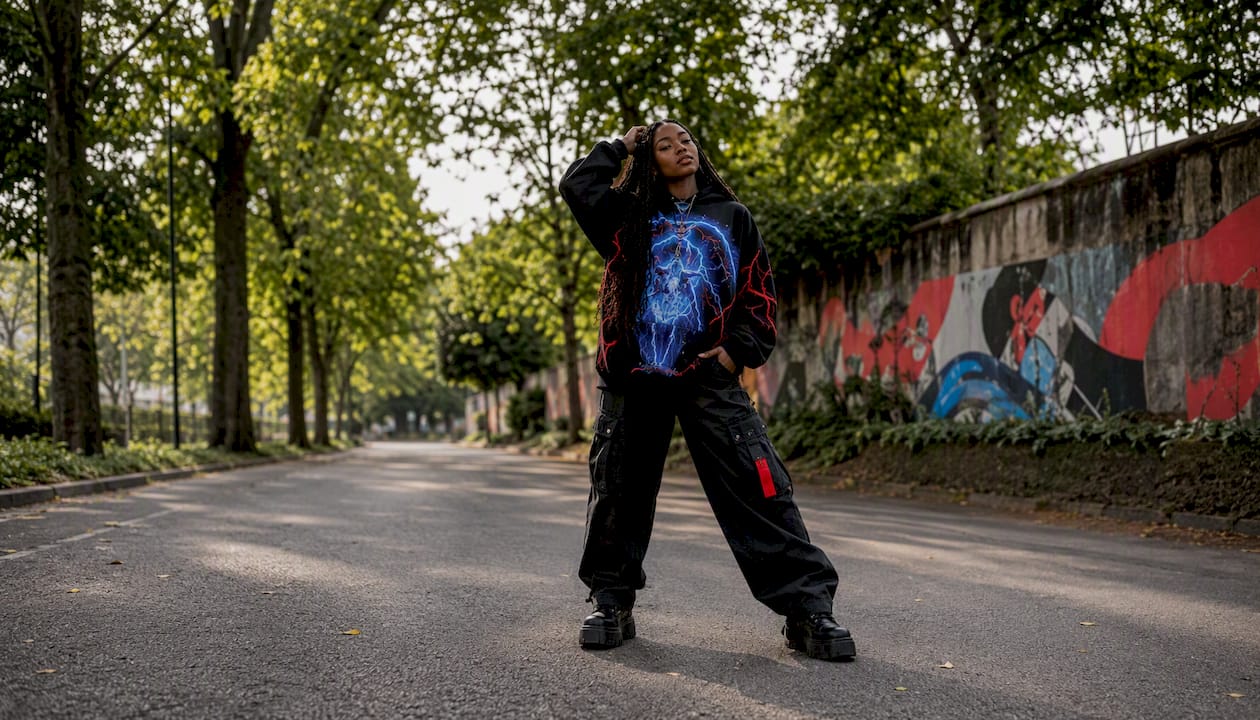 Model showcasing Y2K streetwear style outdoors